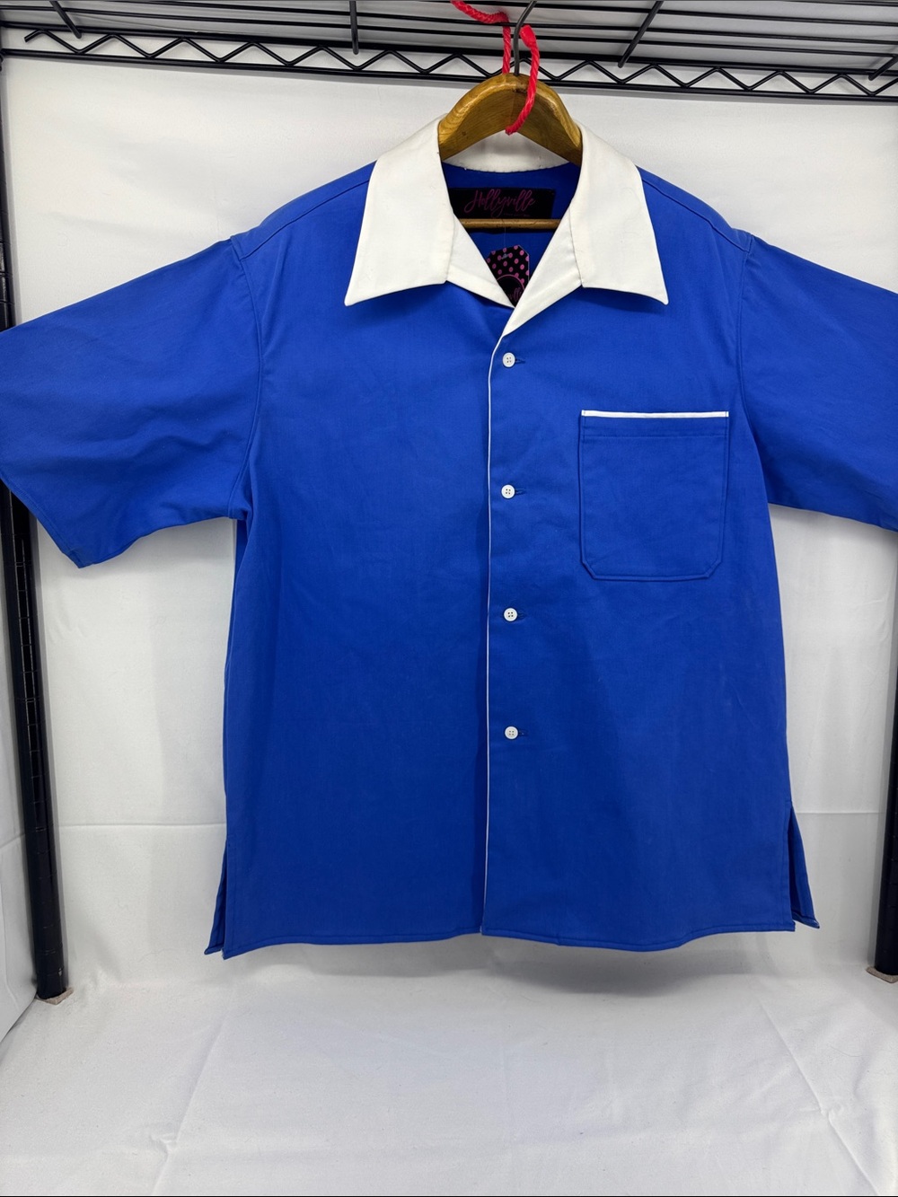 NWT Hollyville Pinup Boutique Vintage-style Bowling Shirt, Royal White Collar, L